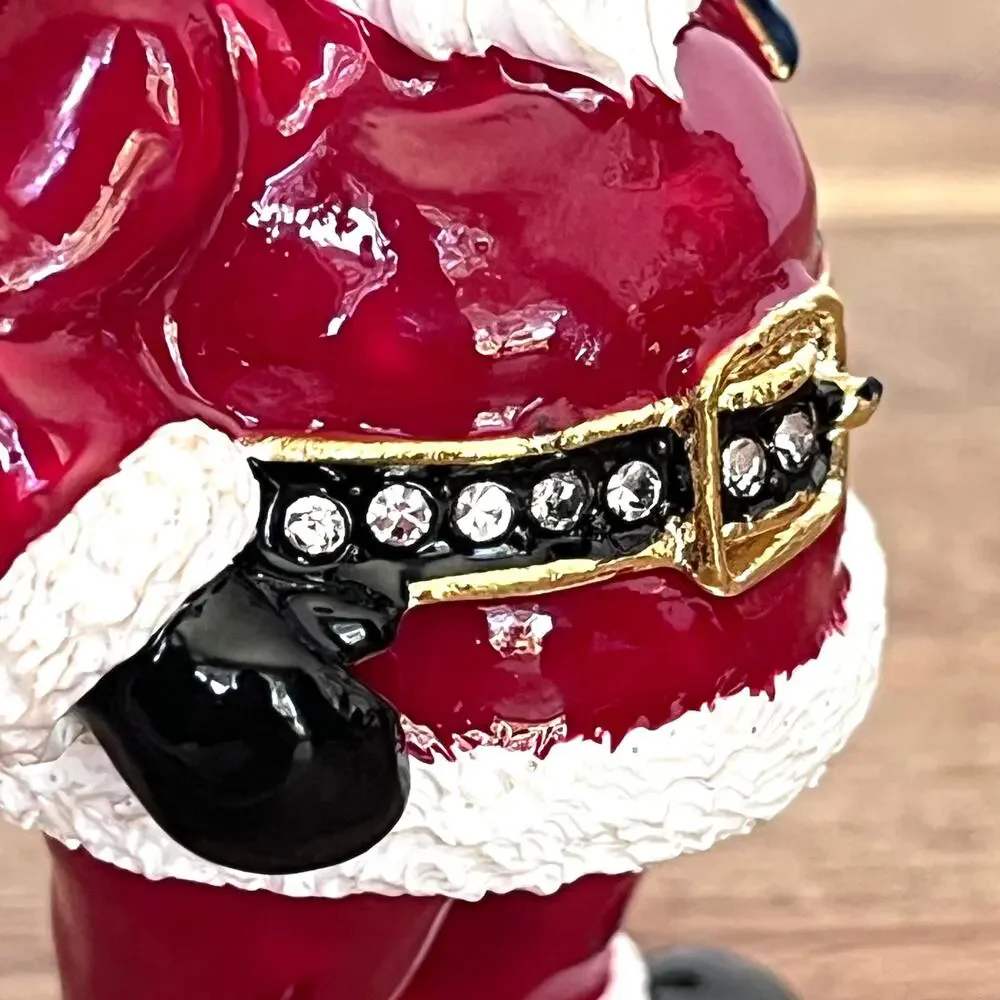 Bejeweled Santa Hinged Metal Enamel Trinket Box Santa Sack Gifts Christmas